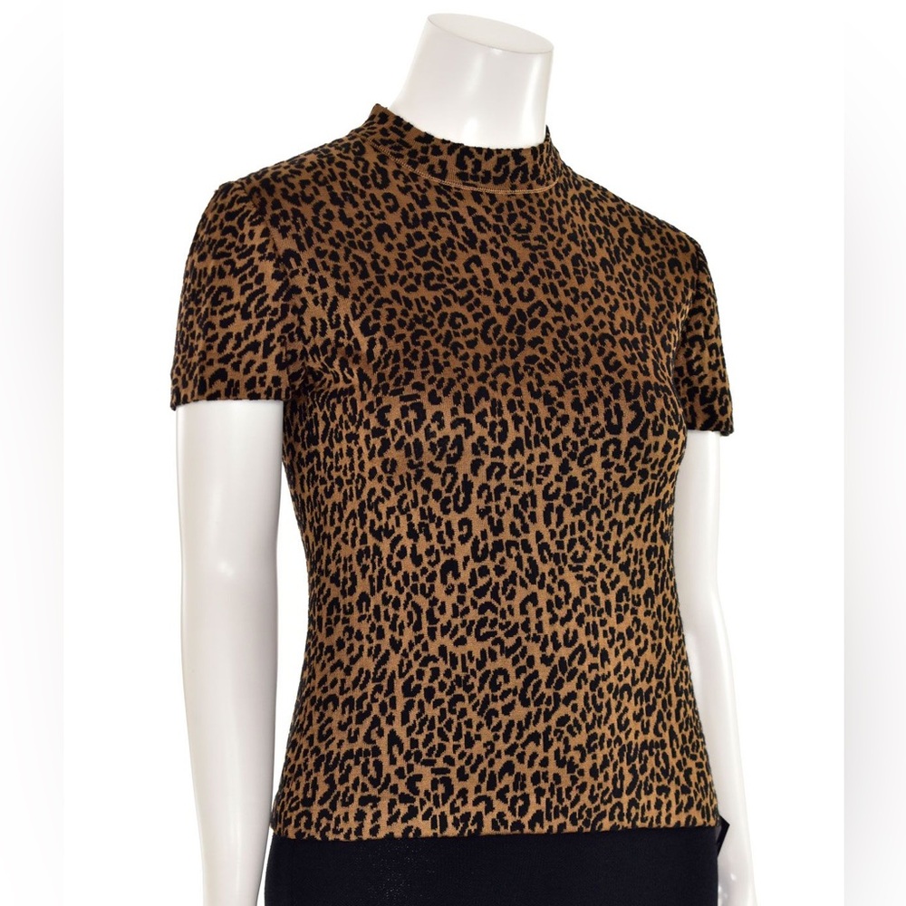 St. John Knit Leopard Animal Print Mock Neck Short Sleeve Top - Picture 5 of 17